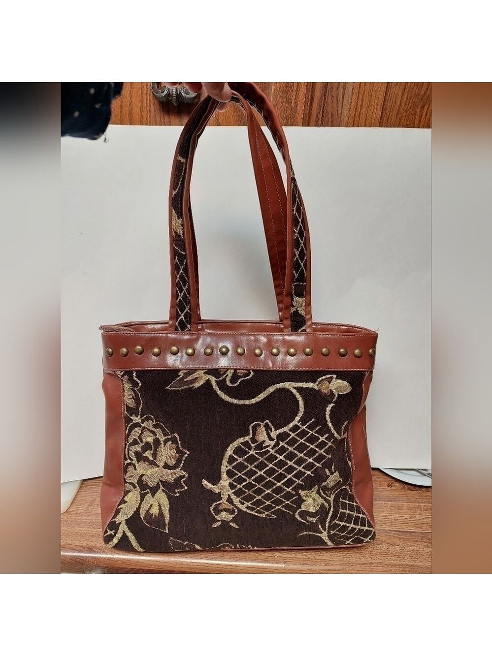 Vintage* Synethetic and Embroidered Tan Handbag